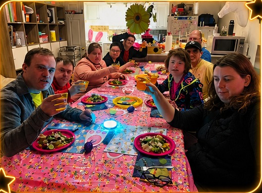 Catching Stars participants sharing a colourful dinner together around a table.