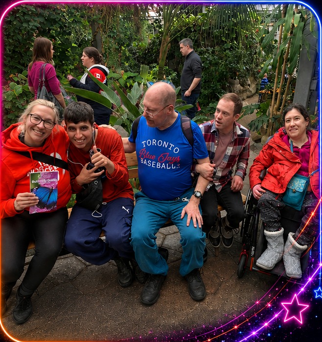 Catching Stars participants sharing a joyful group hug during a community outing.